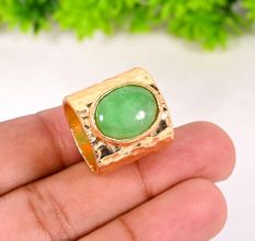 Handmade Brass Hammered Ring with Green Jade Gemstone for Women 22k Gold Plated